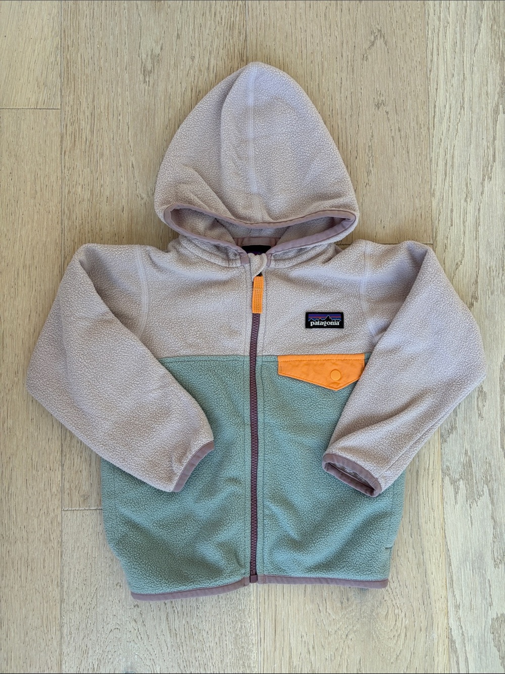 Patagonia Kids Hooded Fleece Jacket in Mauve, Sage & Orange